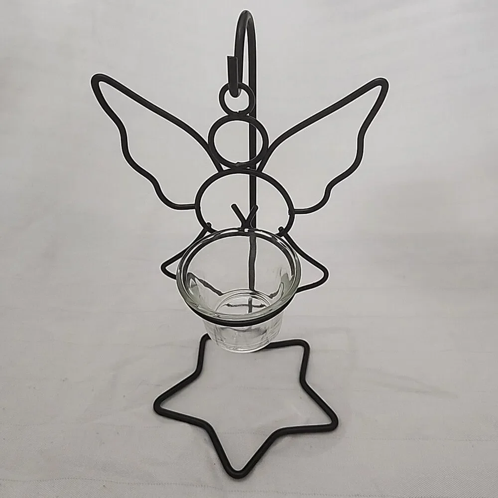 Angel Shaped Hanging Black Metal With Glass Votive Cup Holder And Hanging Stand